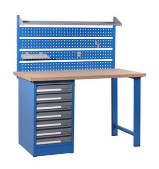 Tavolo officina con piano in legno e pannello porta attrezzi con mensola - Bertolesi srl