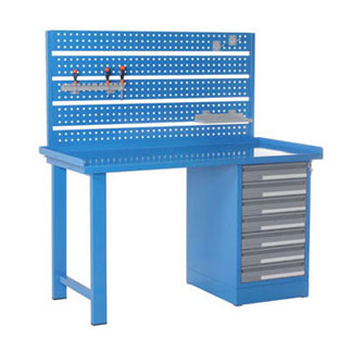 Tavolo officina con piano in metallo con cassettiera e pannello porta attrezzi - Bertolesi srl